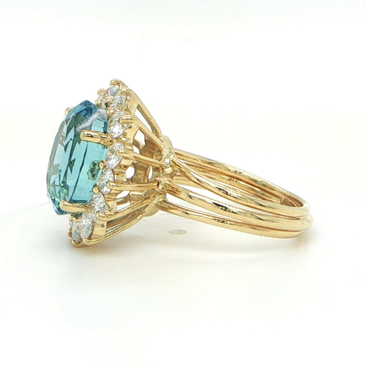 18K Yellow Gold Aquamarine & Diamond Halo Ring