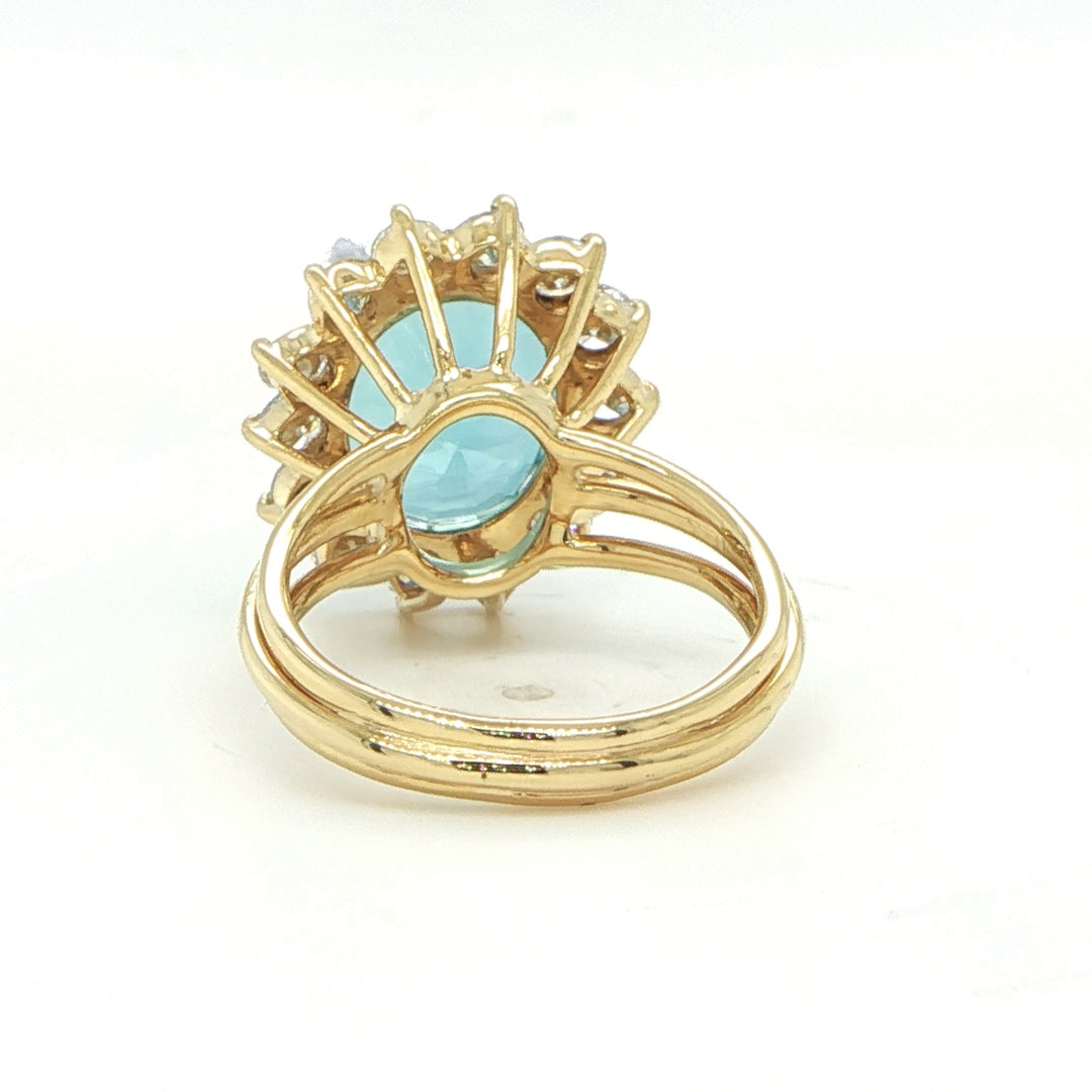 18K Yellow Gold Aquamarine & Diamond Halo Ring