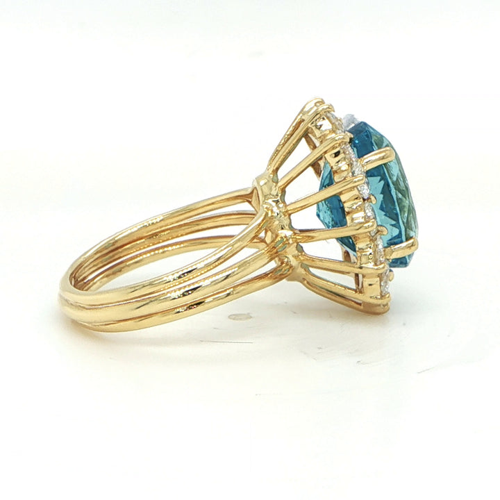 18K Yellow Gold Aquamarine & Diamond Halo Ring