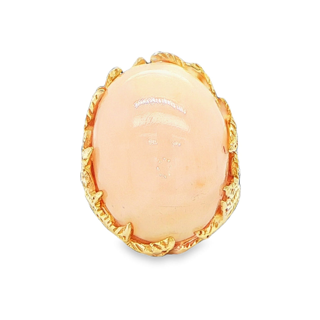 14K Yellow Gold Angel Skin Coral Cabochon Ring