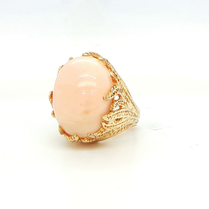 14K Yellow Gold Angel Skin Coral Cabochon Ring