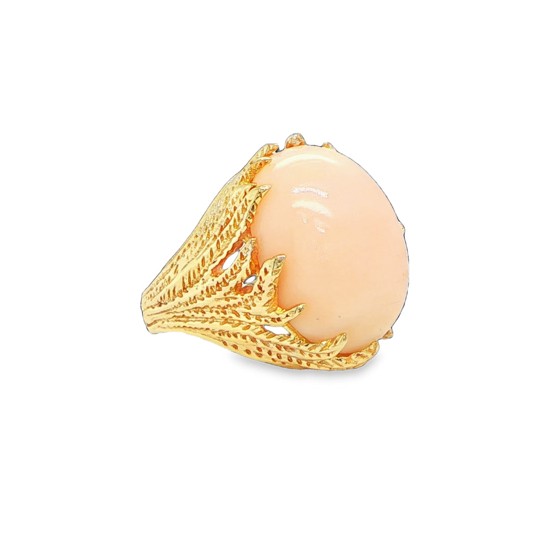 14K Yellow Gold Angel Skin Coral Cabochon Ring