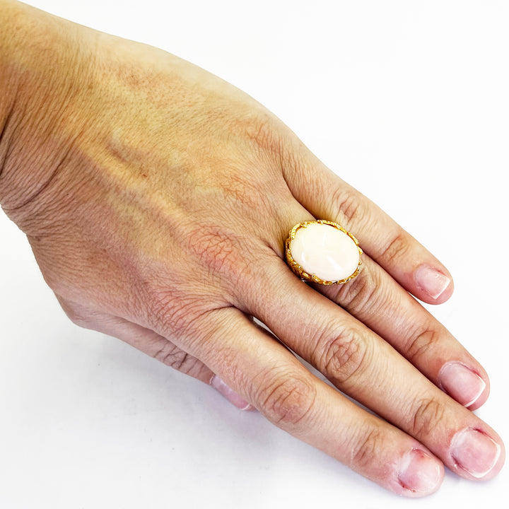 14K Yellow Gold Angel Skin Coral Cabochon Ring
