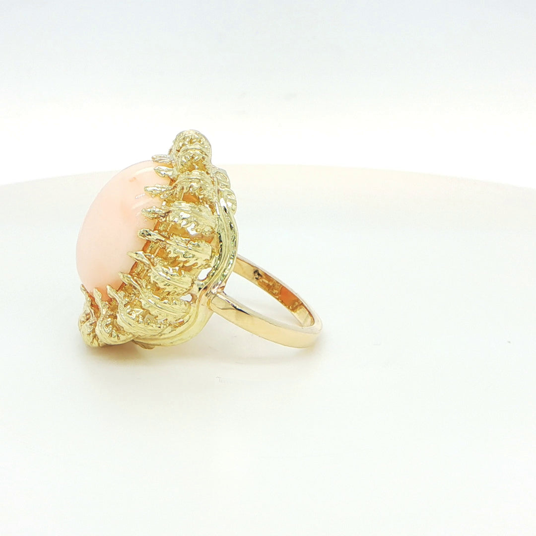 14K Yellow Gold Angel Skin Coral Cabochon Cocktail Ring