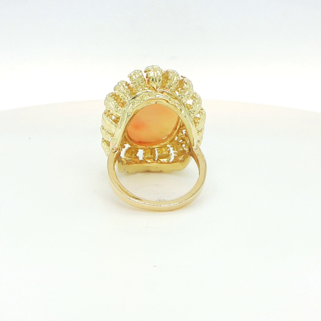 14K Yellow Gold Angel Skin Coral Cabochon Cocktail Ring