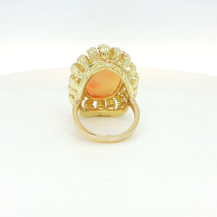 14K Yellow Gold Angel Skin Coral Cabochon Cocktail Ring