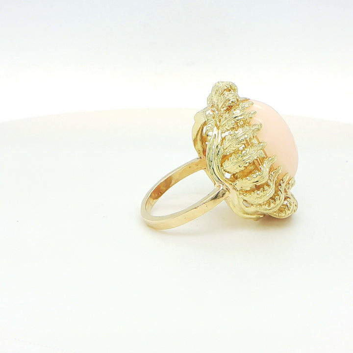 14K Yellow Gold Angel Skin Coral Cabochon Cocktail Ring