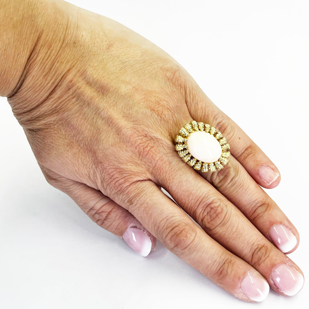 14K Yellow Gold Angel Skin Coral Cabochon Cocktail Ring