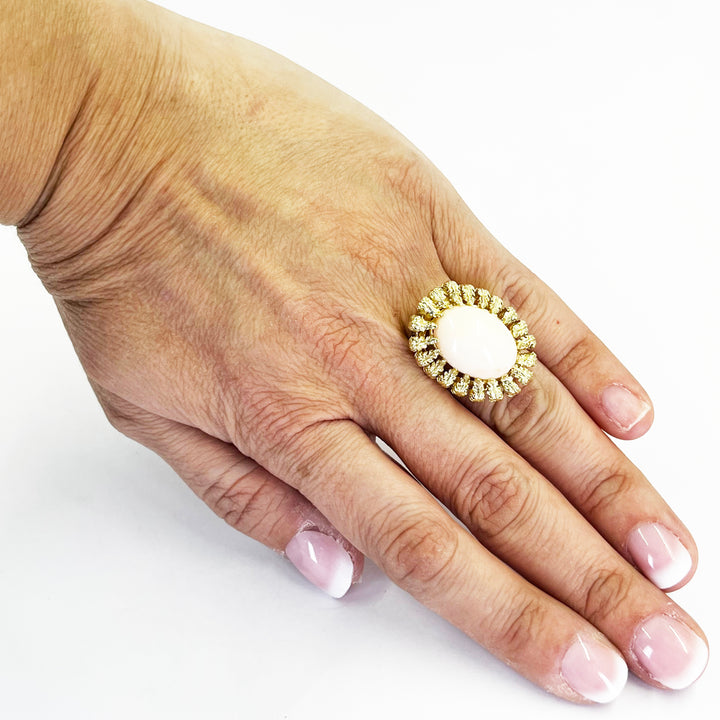 14K Yellow Gold Angel Skin Coral Cabochon Cocktail Ring