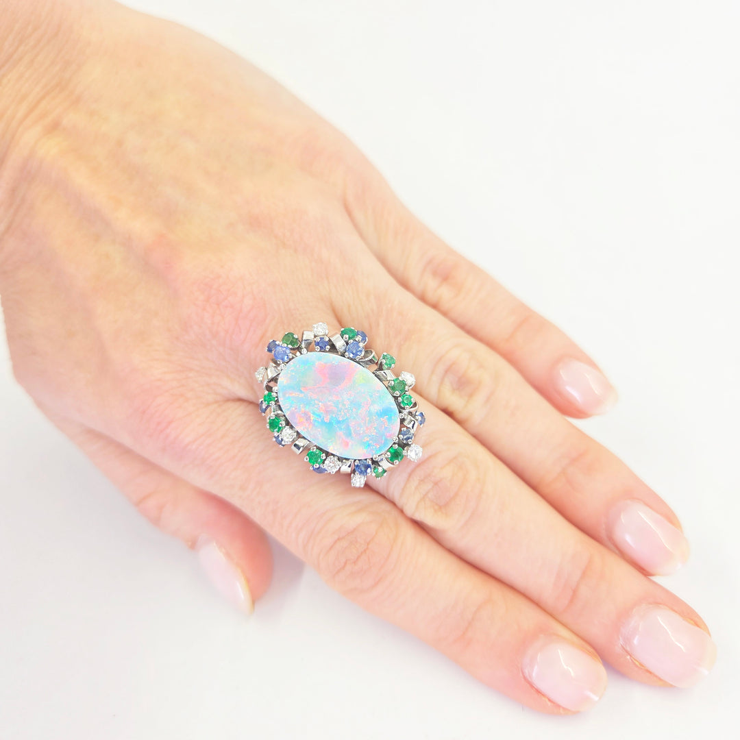 18K White Gold Opal Doublet Sapphire Emerald Diamond Ring