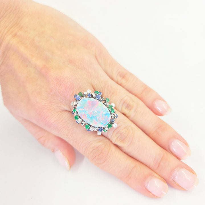 18K White Gold Opal Doublet Sapphire Emerald Diamond Ring