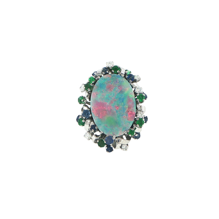 18K White Gold Opal Doublet Sapphire Emerald Diamond Ring