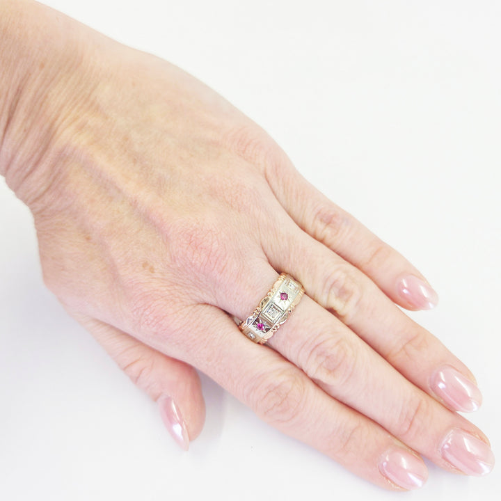 14K Rose & White Gold Vintage Ruby and Diamond Band Ring