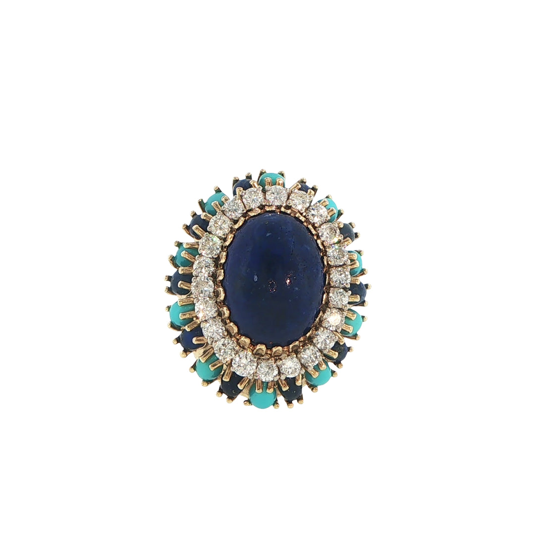 18K Yellow Gold Turquoise, Lapis & Diamond Cocktail Ring