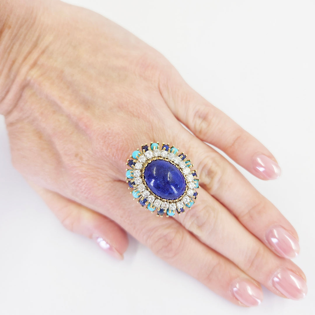 18K Yellow Gold Turquoise, Lapis & Diamond Cocktail Ring
