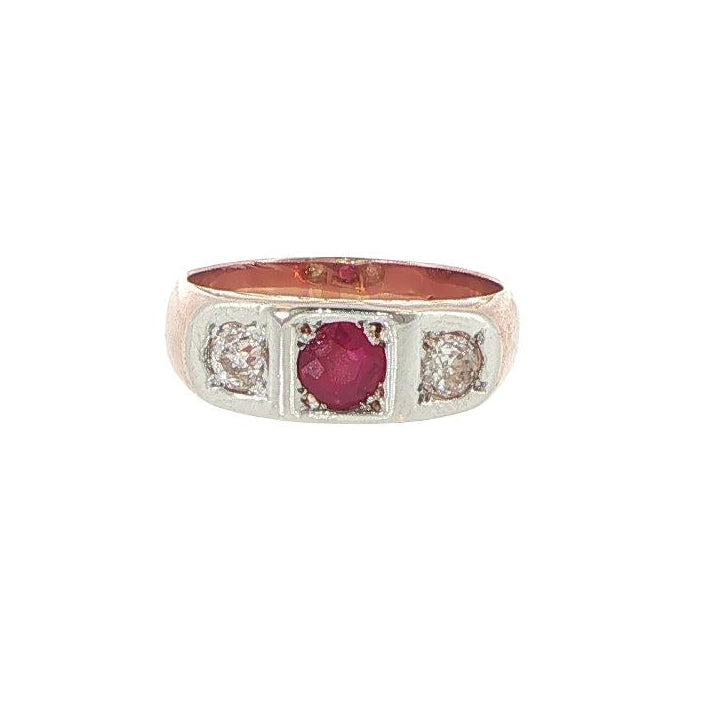 14K Rose Gold Ruby & Diamond 3-Stone Ring