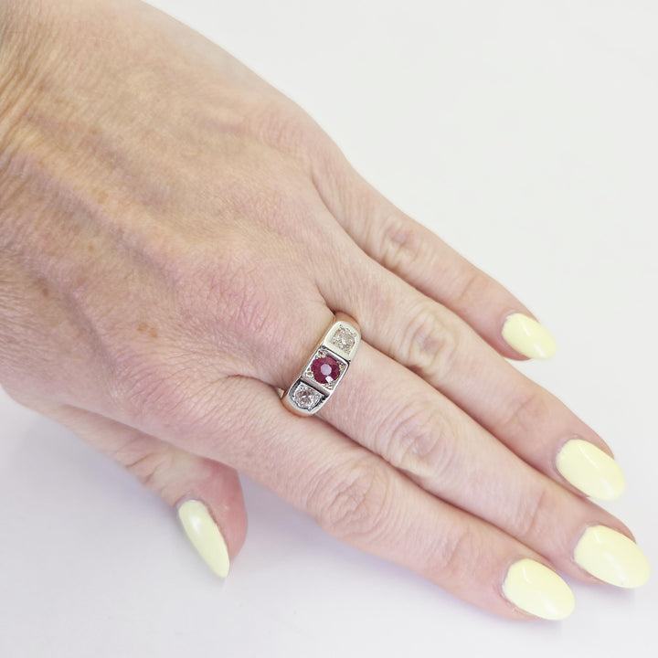 14K Rose Gold Ruby & Diamond 3-Stone Ring