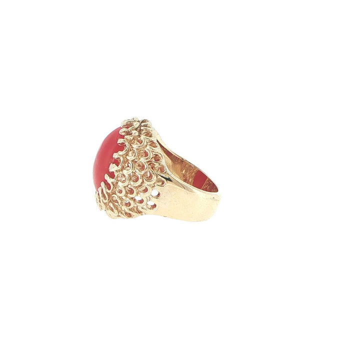 14K Yellow Gold Coral Cabochon Textured Fashion Ring