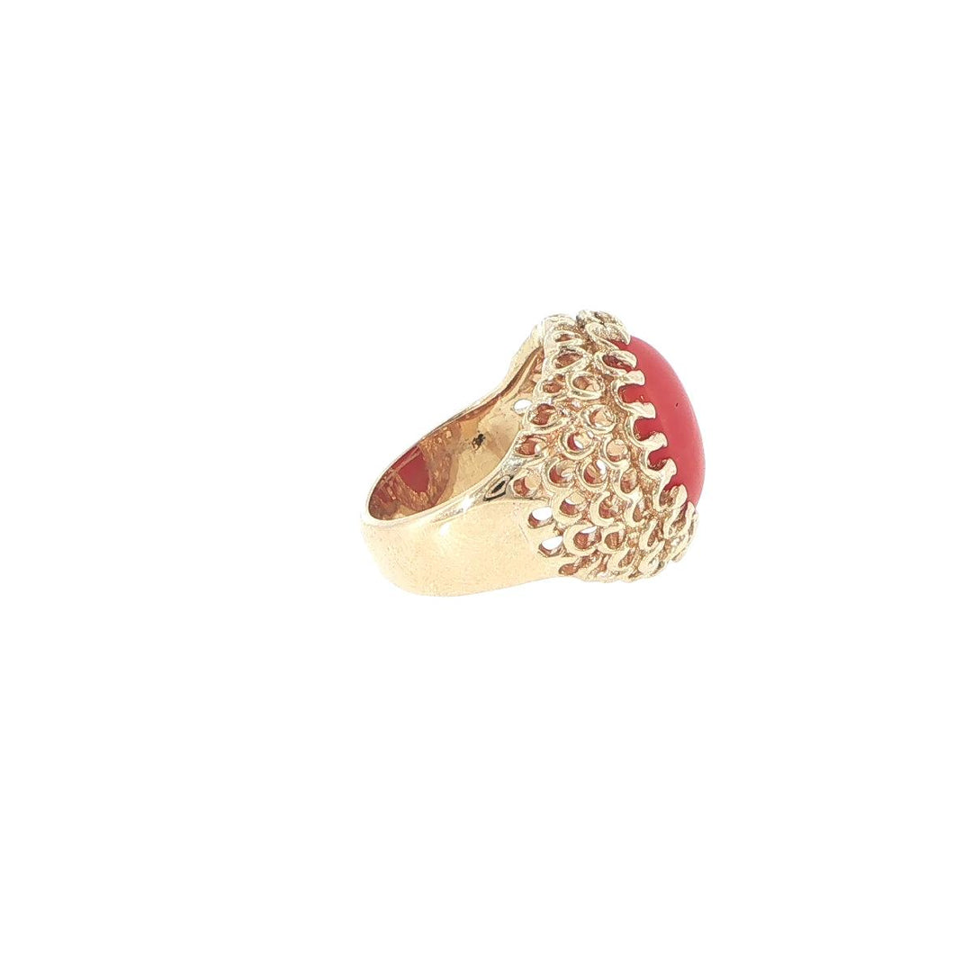14K Yellow Gold Coral Cabochon Textured Fashion Ring