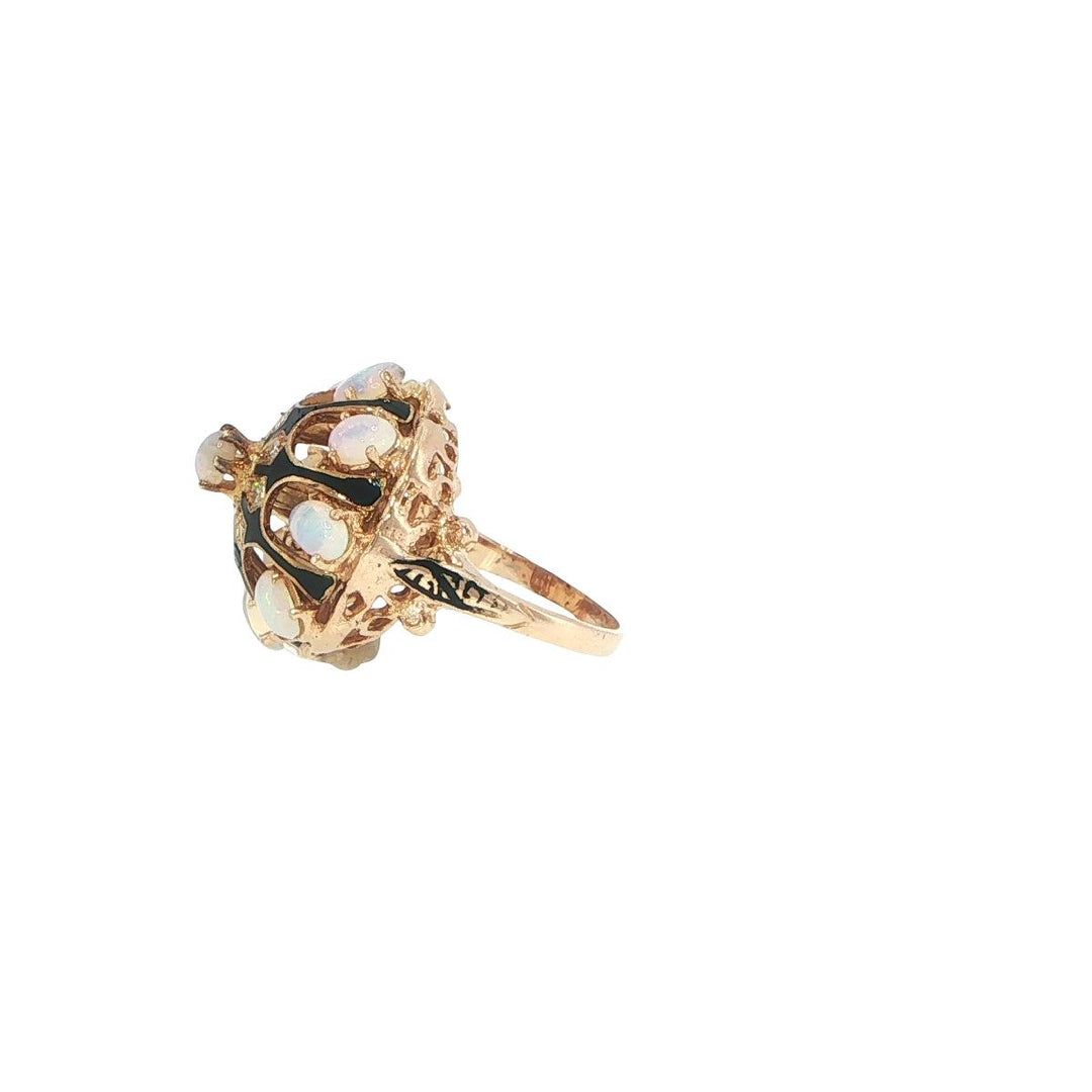 Vintage 14K Yellow Gold Opal & Diamond Enamel Ring