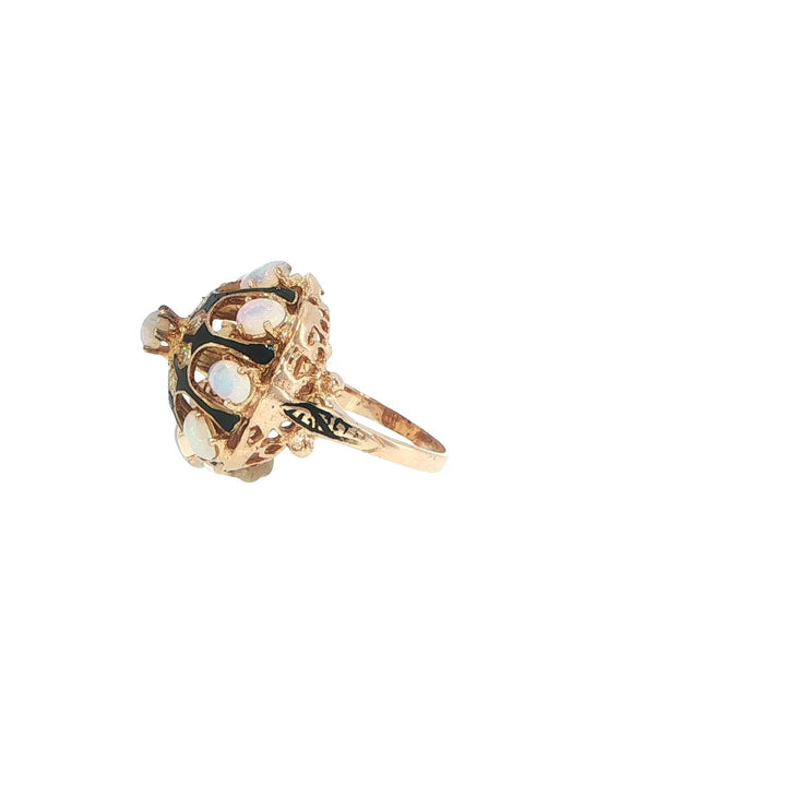 Vintage 14K Yellow Gold Opal & Diamond Enamel Ring