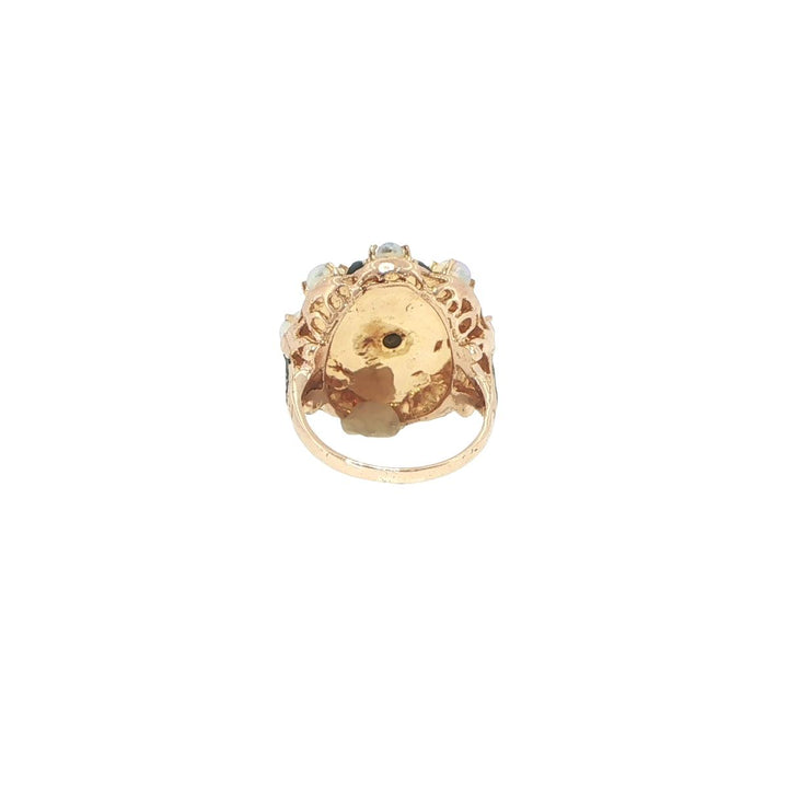 Vintage 14K Yellow Gold Opal & Diamond Enamel Ring