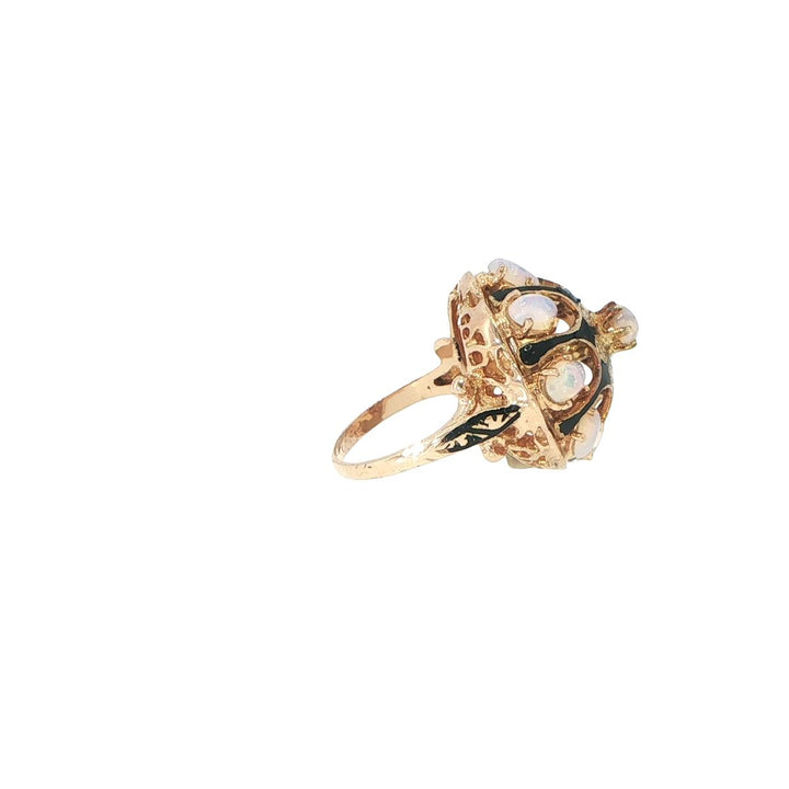 Vintage 14K Yellow Gold Opal & Diamond Enamel Ring
