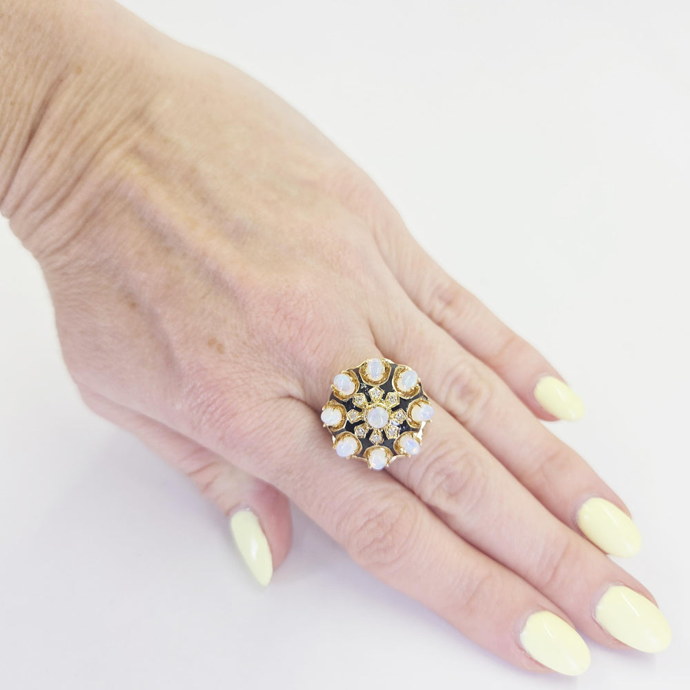 Vintage 14K Yellow Gold Opal & Diamond Enamel Ring