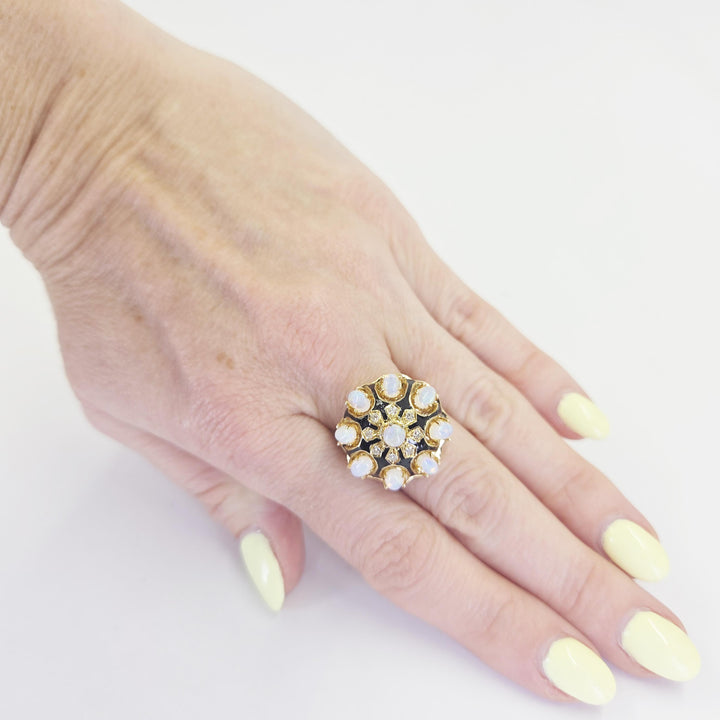 Vintage 14K Yellow Gold Opal & Diamond Enamel Ring