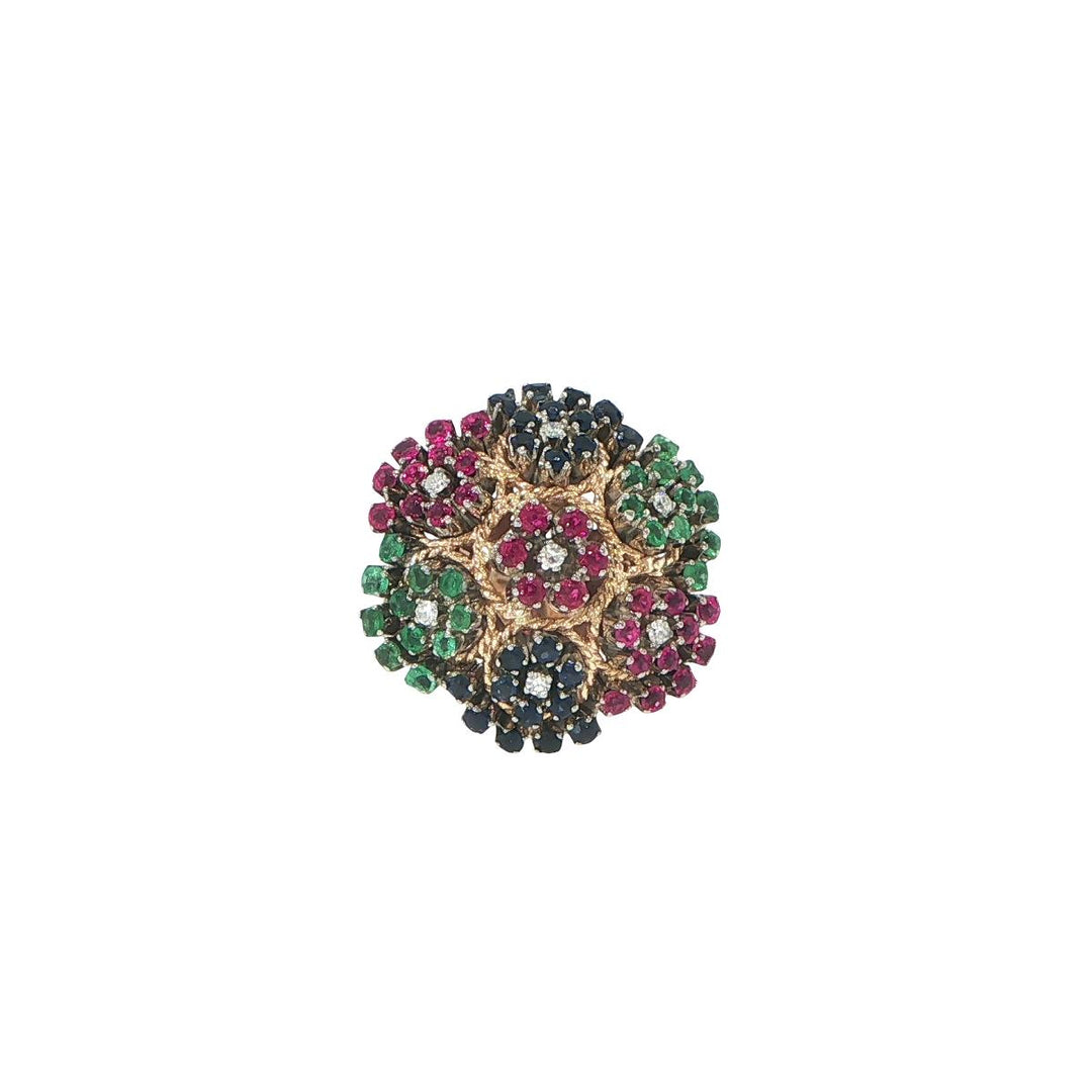 18K Yellow Gold Floral Emerald Sapphire Ruby Diamond Fashion Ring