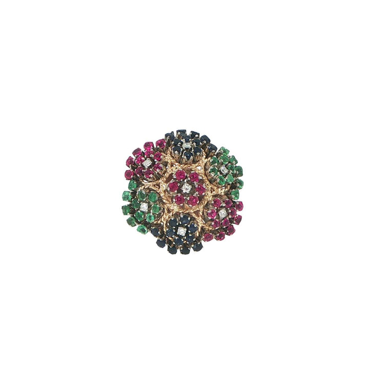 18K Yellow Gold Floral Emerald Sapphire Ruby Diamond Fashion Ring