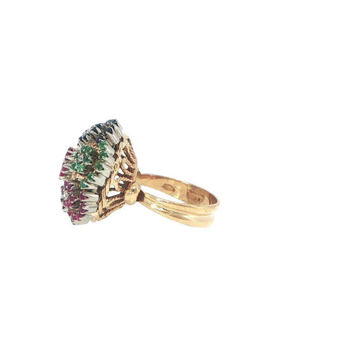 18K Yellow Gold Floral Emerald Sapphire Ruby Diamond Fashion Ring