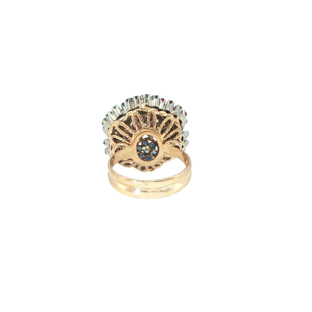 18K Yellow Gold Floral Emerald Sapphire Ruby Diamond Fashion Ring