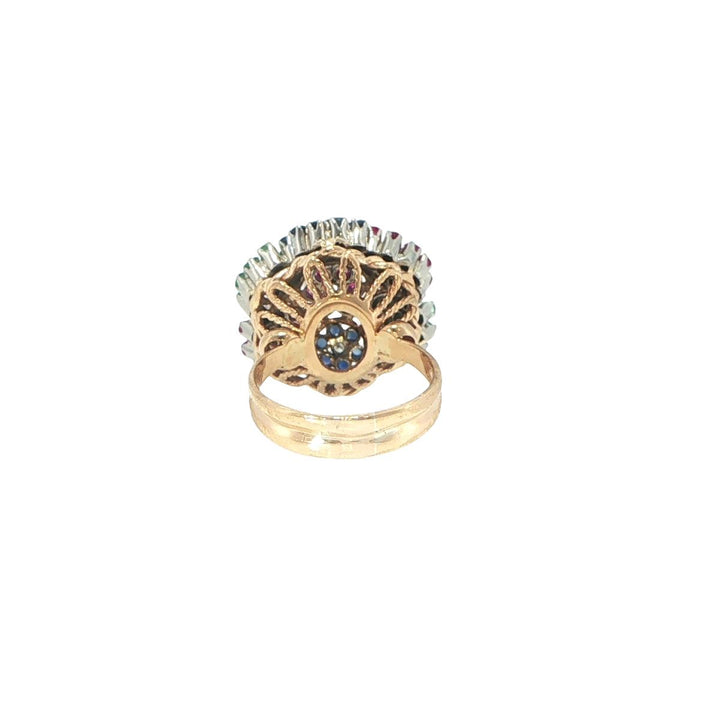 18K Yellow Gold Floral Emerald Sapphire Ruby Diamond Fashion Ring