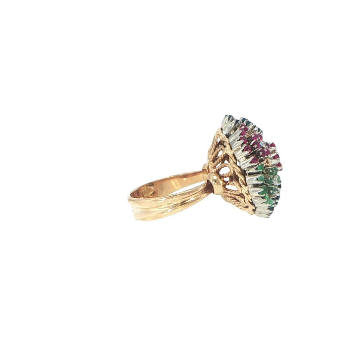 18K Yellow Gold Floral Emerald Sapphire Ruby Diamond Fashion Ring