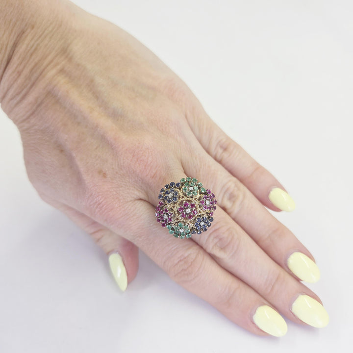 18K Yellow Gold Floral Emerald Sapphire Ruby Diamond Fashion Ring