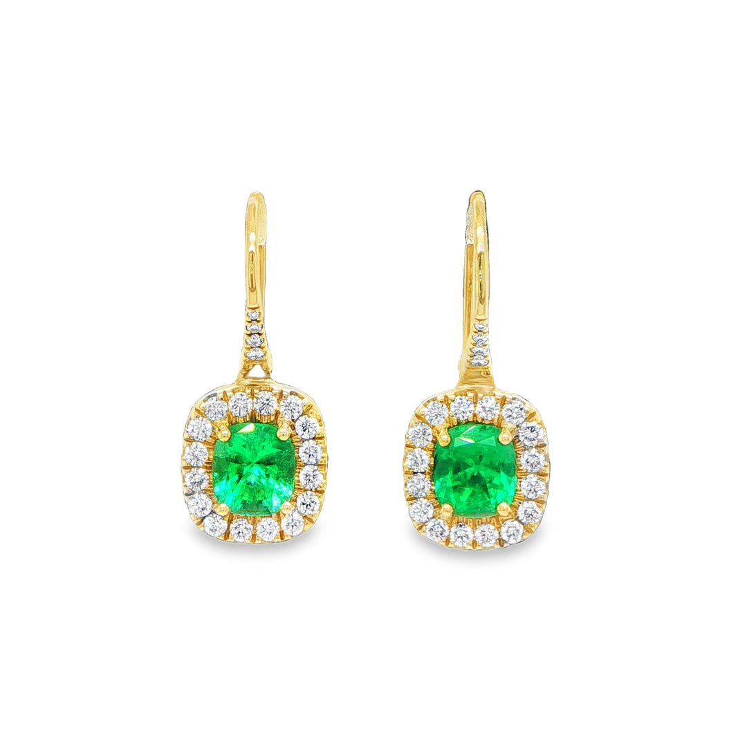 18K Yellow Gold Colombian Emerald & Diamond Drop Earrings