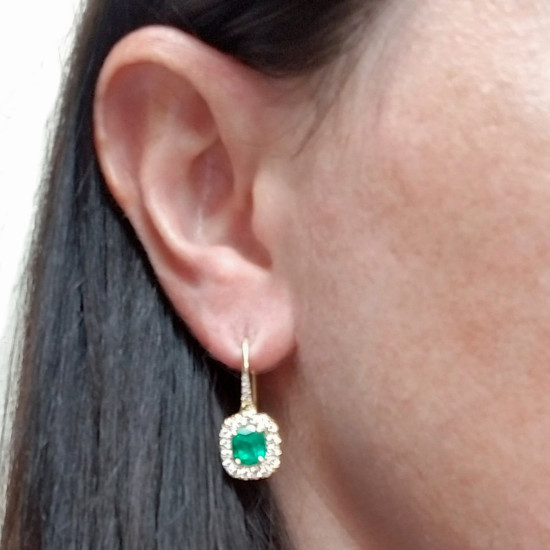 18K Yellow Gold Colombian Emerald & Diamond Drop Earrings