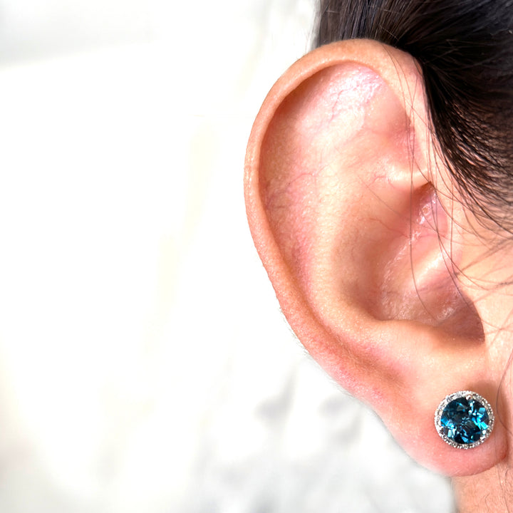 Blue Topaz and Diamond Halo Stud Earrings