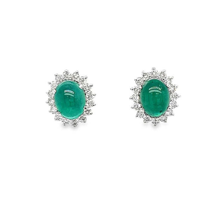 18K White Gold Cabochon Emerald and Diamond Halo Earrings