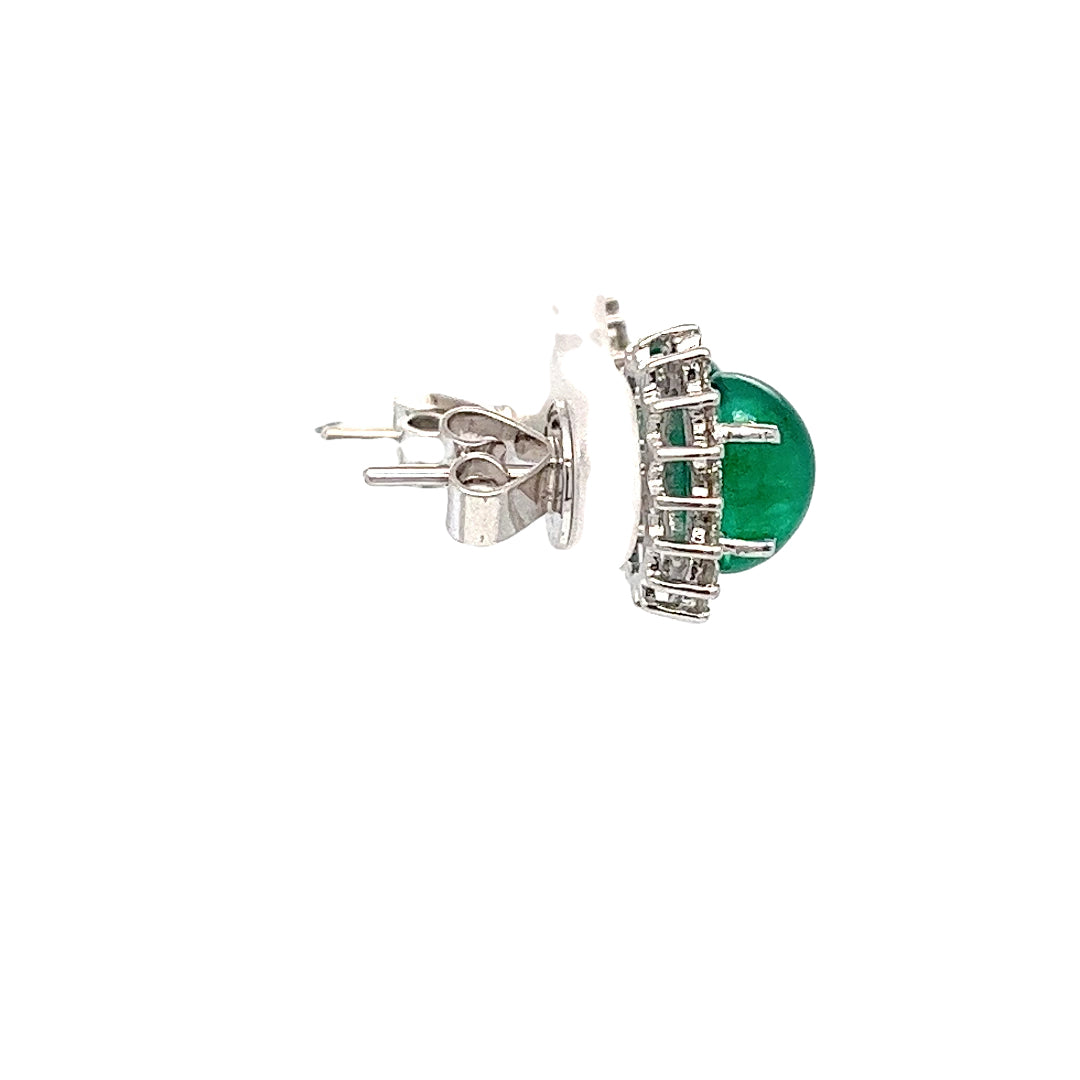 18K White Gold Cabochon Emerald and Diamond Halo Earrings