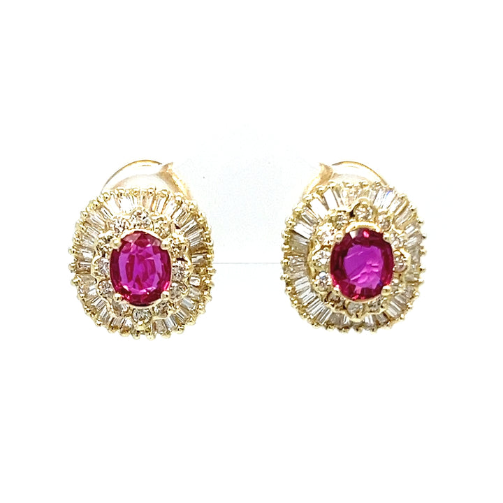 14K Yellow Gold Ballerina Earrings with Rubies and Diamond Halo