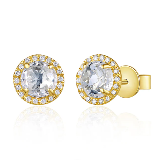 14K Yellow Gold White Topaz & Diamond Stud Earrings