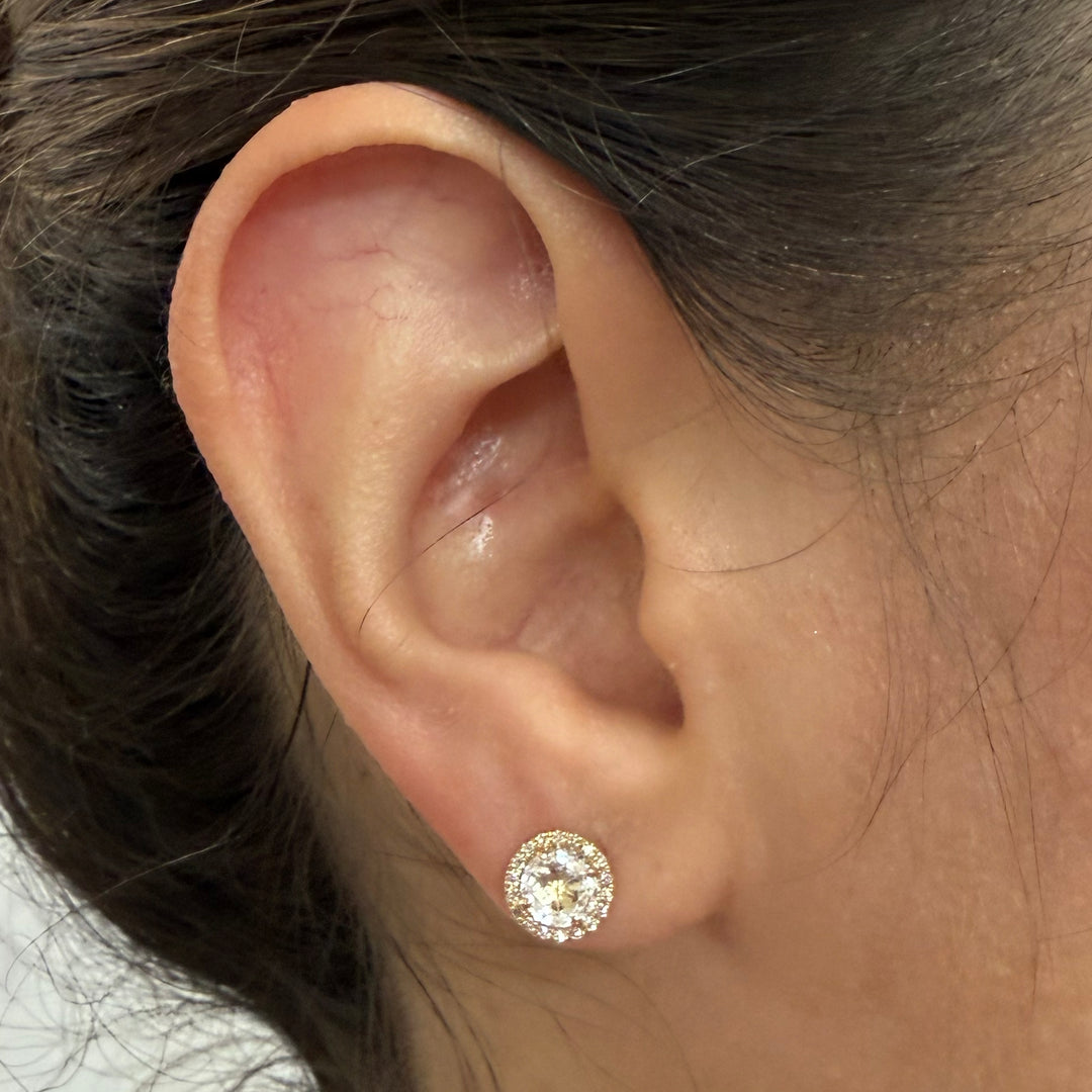 14K Yellow Gold White Topaz & Diamond Stud Earrings