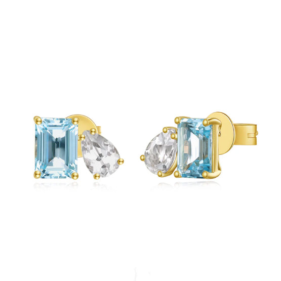 14 Karat Yellow Gold Blue Topaz & White Topaz Stud Earrings