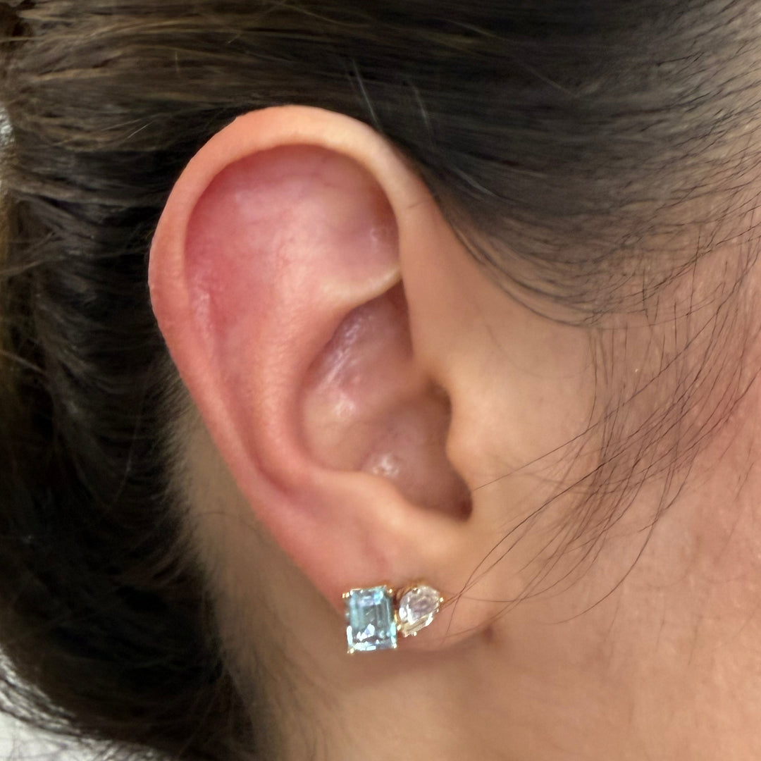 14 Karat Yellow Gold Blue Topaz & White Topaz Stud Earrings