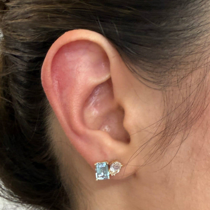 14 Karat Yellow Gold Blue Topaz & White Topaz Stud Earrings