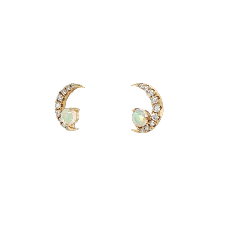 14K Yellow Gold Moon Opal Diamond Stud Earrings