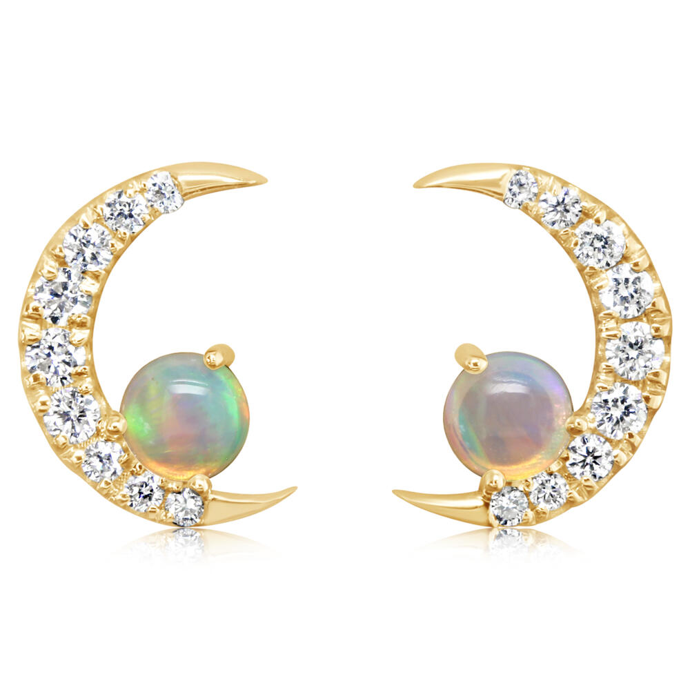 14K Yellow Gold Moon Opal Diamond Stud Earrings