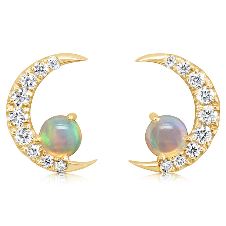14K Yellow Gold Moon Opal Diamond Stud Earrings